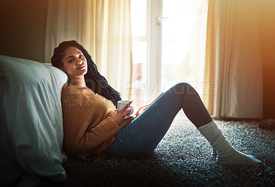 Buy stock photo Coffee, portrait and woman on tablet in bedroom for relax, online blog and morning beverage for energy. Tea cup, home and female person with peace, technology and resting on carpet floor in Jamaica