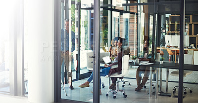 Buy stock photo Meeting, presentation and seminar with business people in boardroom together for coaching or planning. Training, whiteboard and workshop with speaker talking to colleague team in glass office