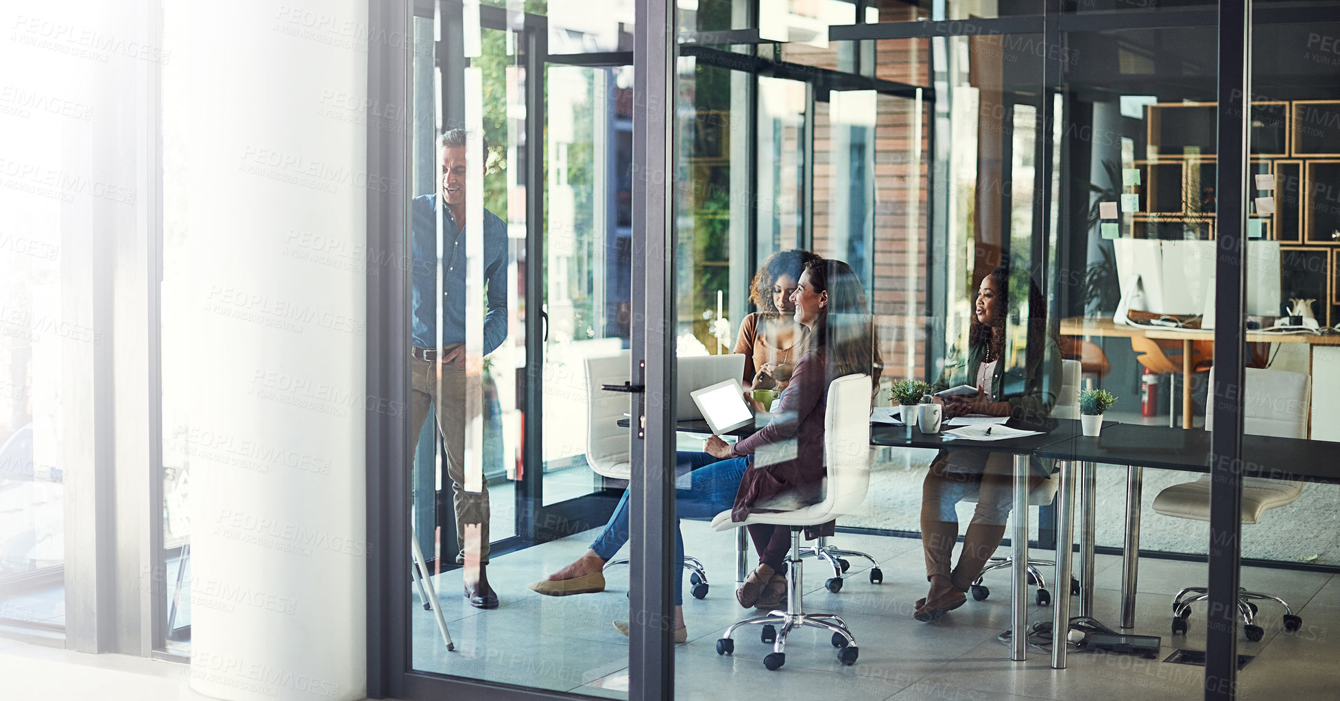 Buy stock photo Meeting, presentation and seminar with business people in boardroom together for coaching or planning. Training, whiteboard and workshop with speaker talking to colleague team in glass office