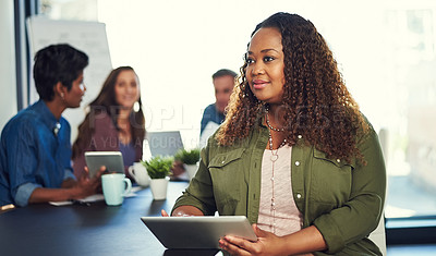 Buy stock photo Tablet, thinking and meeting with business woman in office for storyboard artist, production and research. Planning, frame designer and director feedback with person in agency for creative project