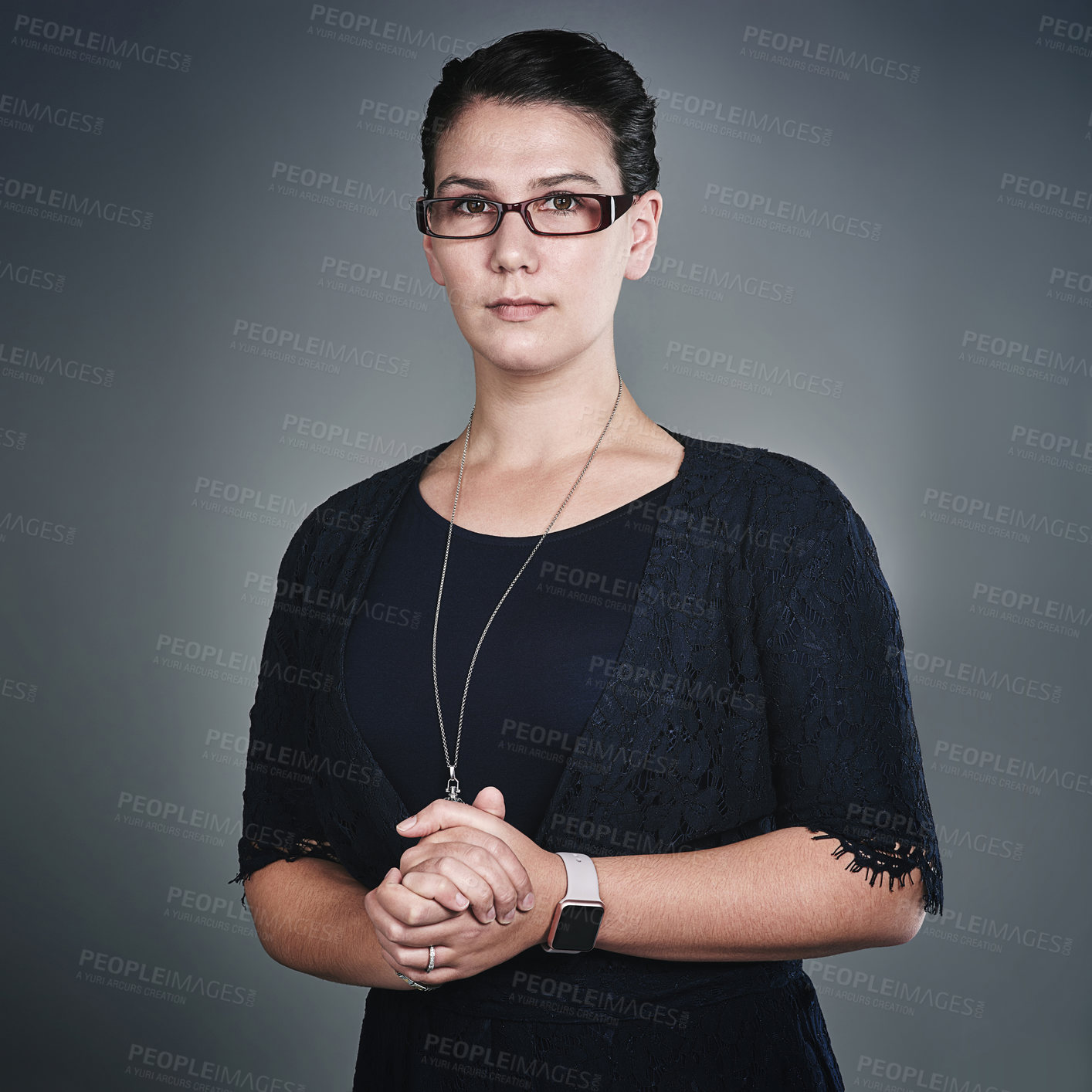 Buy stock photo Business woman, portrait and serious with glasses in studio for creative career or opportunity on a gray background. Female person, model or designer with spectacles or confidence for job or startup