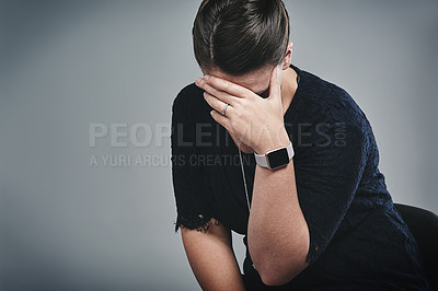 Buy stock photo Frustrated, business woman and headache in studio with stress, fail or mistake on a gray background. Upset, female person or model with migraine, strain or pressure for bad news on mockup space