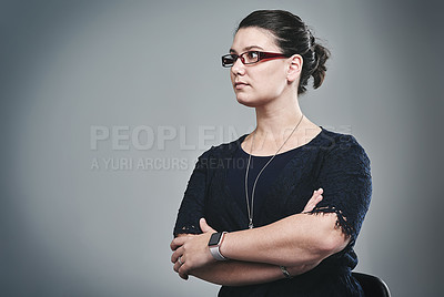 Buy stock photo Thinking, arms folded or business woman in studio for problem solving, planning or insight. Creative idea, serious worker or reflection, mindset or confident editor on mockup space on gray background