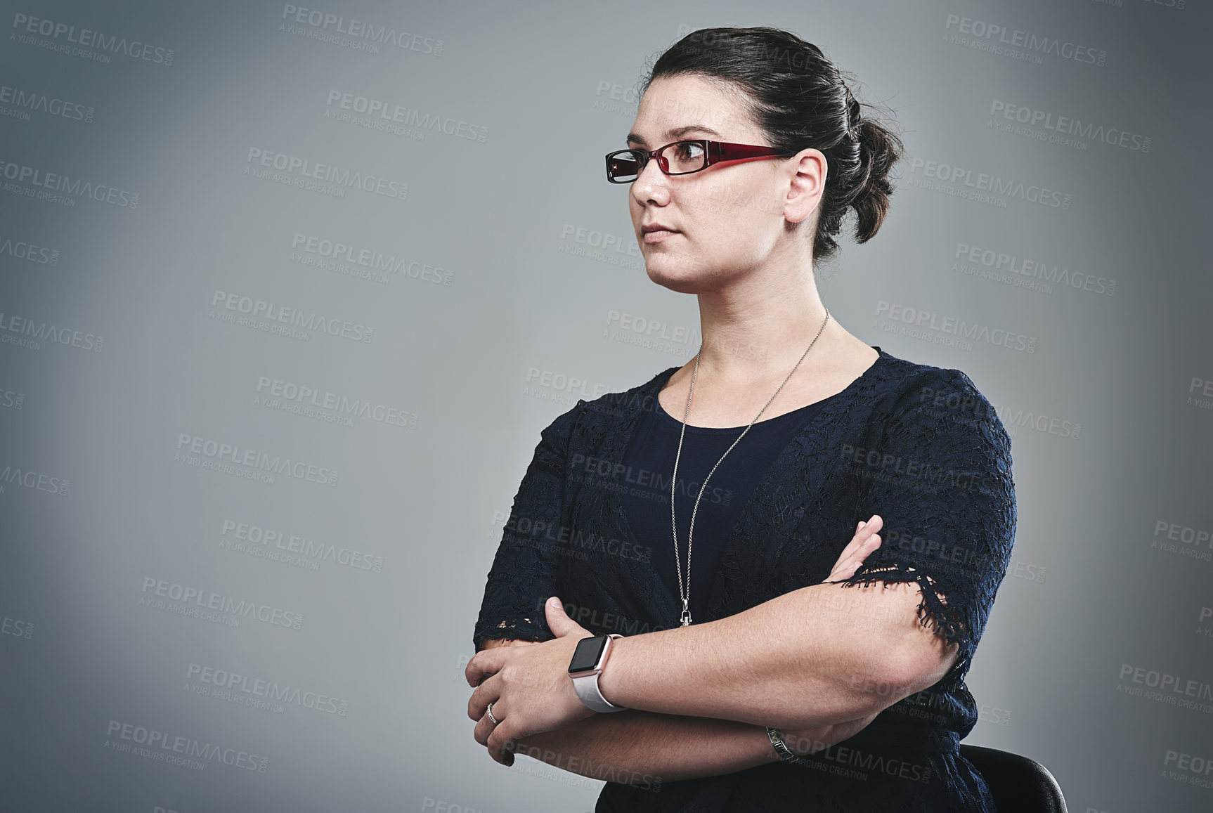 Buy stock photo Thinking, arms folded or business woman in studio for problem solving, planning or insight. Creative idea, serious worker or reflection, mindset or confident editor on mockup space on gray background