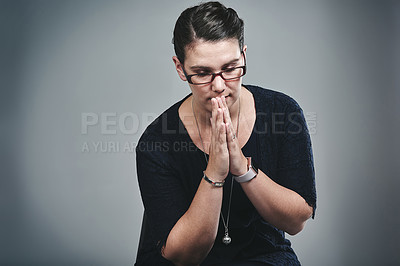 Buy stock photo Business woman, praying and worry in studio with religion for career, opportunity and faith by background. Person, stress and mindset for decision, choice and spiritual guide for corporate job