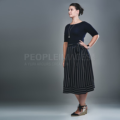 Buy stock photo Corporate, fashion and vision with business woman on space in studio for future or planning. Idea, style and thinking with serious employee on gray background for inspiration or job opportunity