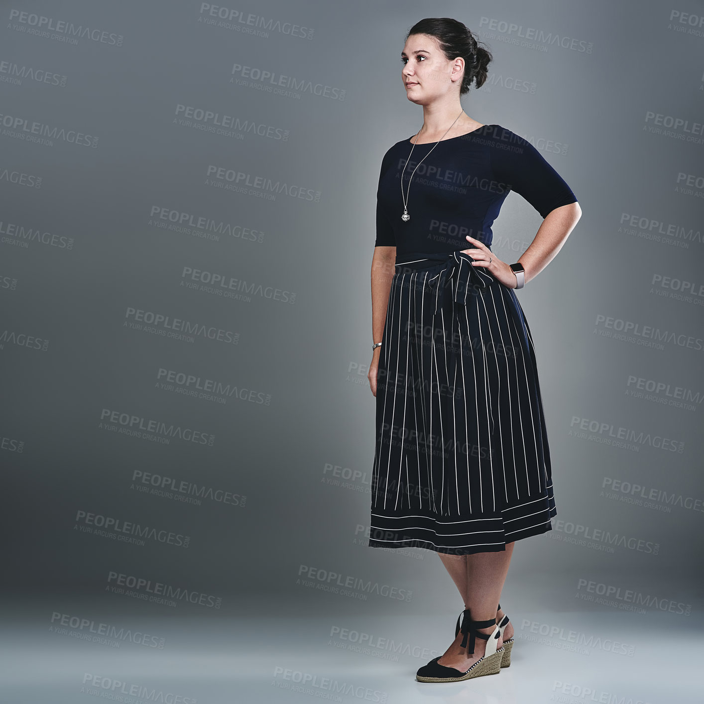 Buy stock photo Corporate, fashion and vision with business woman on space in studio for future or planning. Idea, style and thinking with serious employee on gray background for inspiration or job opportunity