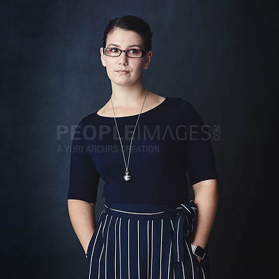 Buy stock photo Black background, thinking and vision with business woman in studio for mindfulness or solution. Future, glasses and planning with employee person in dark studio for ideas or problem solving