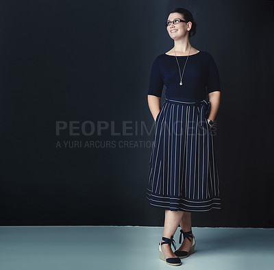 Buy stock photo Thinking, corporate and woman for fashion in studio, professional clothes and administration career. Confident, female person and glasses for stylish outfit, management experience and dark background