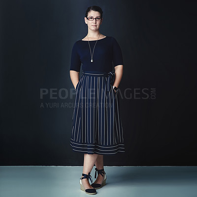 Buy stock photo Portrait, business and woman with fashion in studio, professional clothes and administration career. Confident, female person and glasses for stylish outfit, management experience and dark background