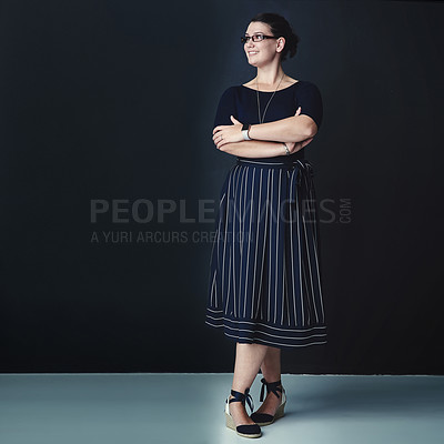 Buy stock photo Thinking, woman and confident for fashion in studio, professional clothes and administration career. Female person, arms crossed and glasses of stylish outfit, management ambition and dark background