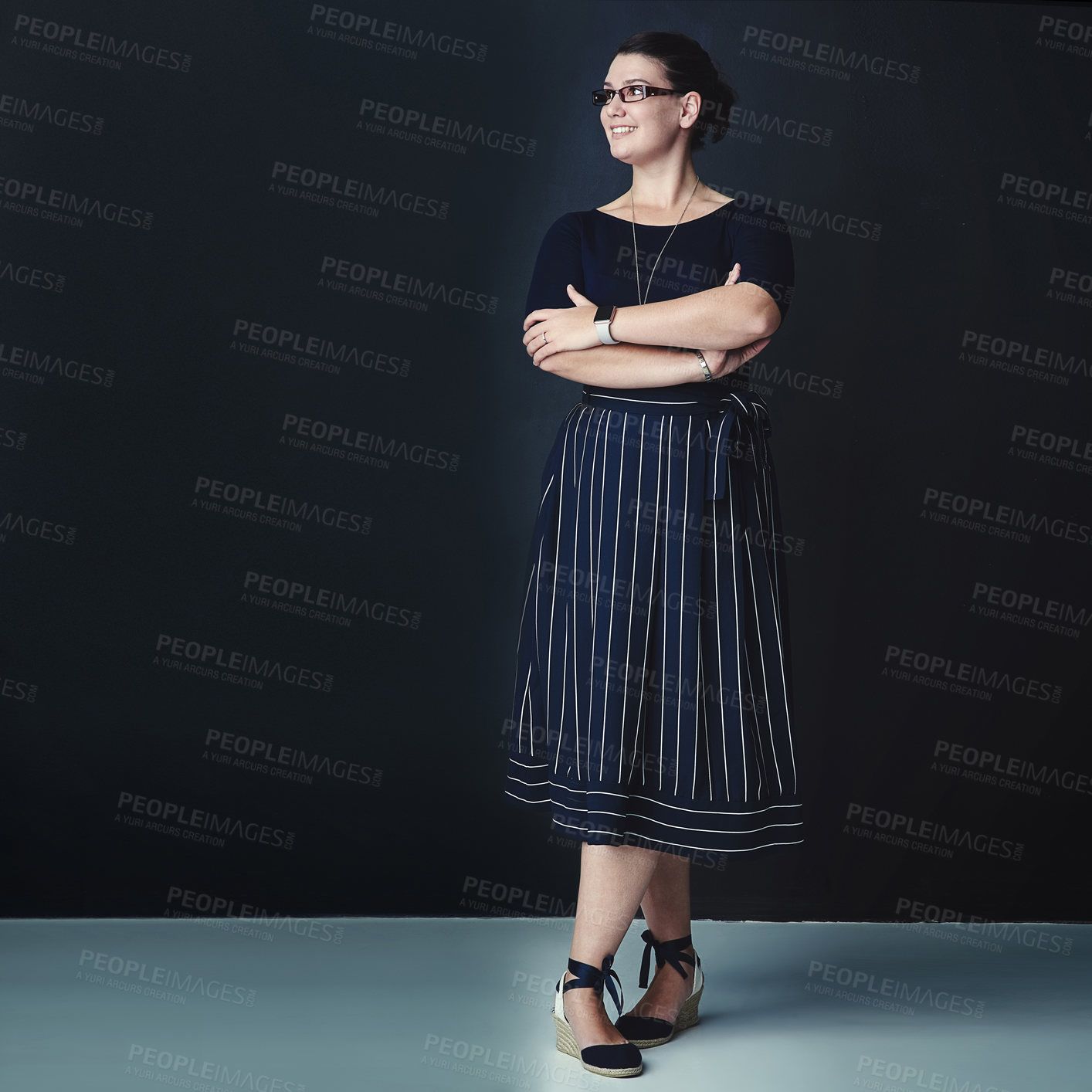 Buy stock photo Thinking, woman and confident for fashion in studio, professional clothes and administration career. Female person, arms crossed and glasses of stylish outfit, management ambition and dark background