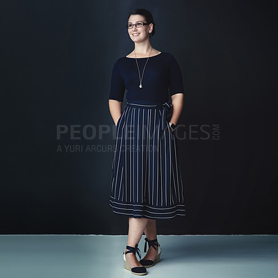 Buy stock photo Business, woman and glasses with fashion in studio, professional clothes and administration career. Thinking, female person and eyewear with stylish outfit, management experience and dark background