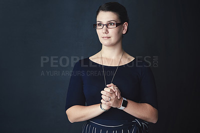 Buy stock photo Business, woman and thinking with pride in studio for decision, policy choice and administration. Female person, confident and glasses for legal solution, management experience and dark background