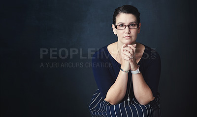 Buy stock photo Corporate, woman and thinking for portrait in studio with decision, policy choice and administration. Female person, confident and glasses of legal solution, management experience and dark background