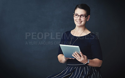 Buy stock photo Thinking, business and woman in studio, tablet and professional on dark background. Idea, person and editor with tech, decision and connection with digital app for communication, writer or journalist