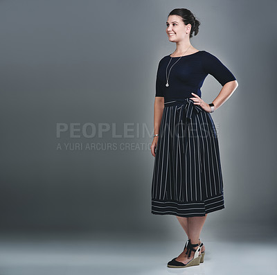 Buy stock photo Smile, business and woman with fashion in studio, professional clothes and administration career. Confident, female person and thinking with stylish outfit, management experience and dark background