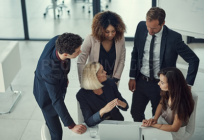 Buy stock photo Colleagues, meeting and people with laptop, discussion and brainstorming with tech or business. Boardroom, teamwork and group with info for project, review and planning for idea or top view.