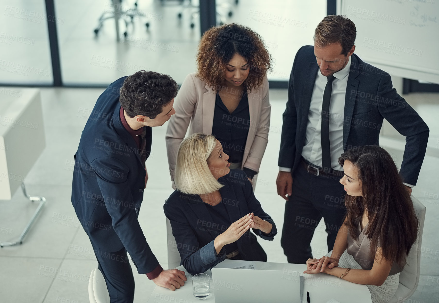 Buy stock photo Colleagues, meeting and people with laptop, discussion and brainstorming with tech or business. Boardroom, teamwork and group with info for project, review and planning for idea or top view.