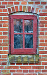 Dirt, damage or window with brick wall or moss of abandoned house, property or old apartment. Empty, glass and architecture with fungal growth for weathered exterior, low maintenance or bad condition