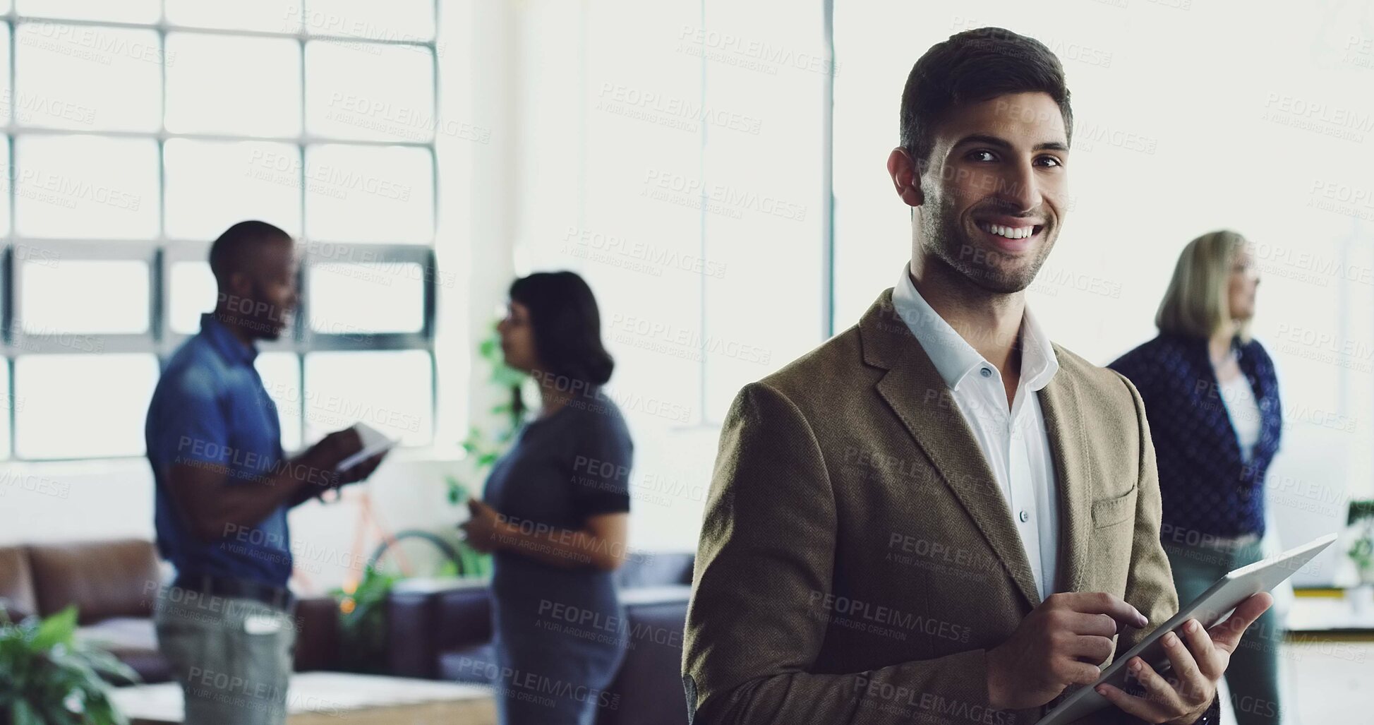 Buy stock photo Man, tablet and portrait of leader in startup business planning, idea or vision at the office. Happy male designer with touchscreen and smile for leadership, project management or company goals