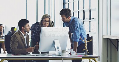 Buy stock photo Teamwork, coaching and computer with business people in office for review, collaboration and planning, Strategy, designer and leadership with employee in digital agency for idea, learning and goals