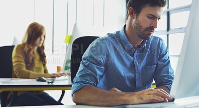 Buy stock photo Computer, research or hacker man for cybersecurity, app coding or data analysis in office. Programmer, developer or employee typing on tech for software code, programming or startup analytics review
