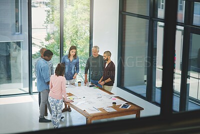 Buy stock photo People, architect and blueprint with team in meeting for planning, brainstorming or civil engineering at office. Group or contractors with documents or discussion on construction project at workplace