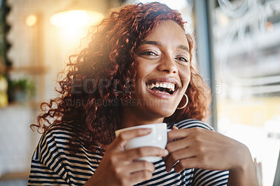 Buy stock photo Happy woman, laughing or humor with drink at coffee shop for morning caffeine, funny joke or beverage. Face, female person or customer with smile for comedy, fun hospitality or service at indoor cafe