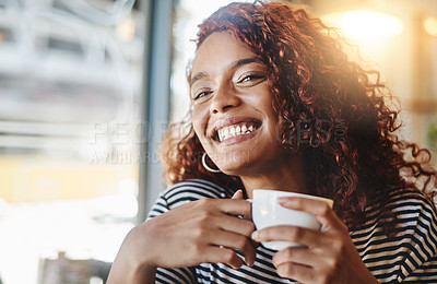 Buy stock photo Happy woman, laughing or morning with drink at coffee shop for caffeine, funny joke or beverage. Face, female person or customer with smile for comedy, fun hospitality service or humor at indoor cafe