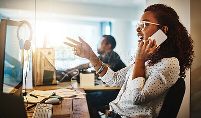 Buy stock photo Night, business and woman in office, phone call and conversation with connection. People, employees and consultant at desk, smartphone and mobile app for communication, technology and discussion