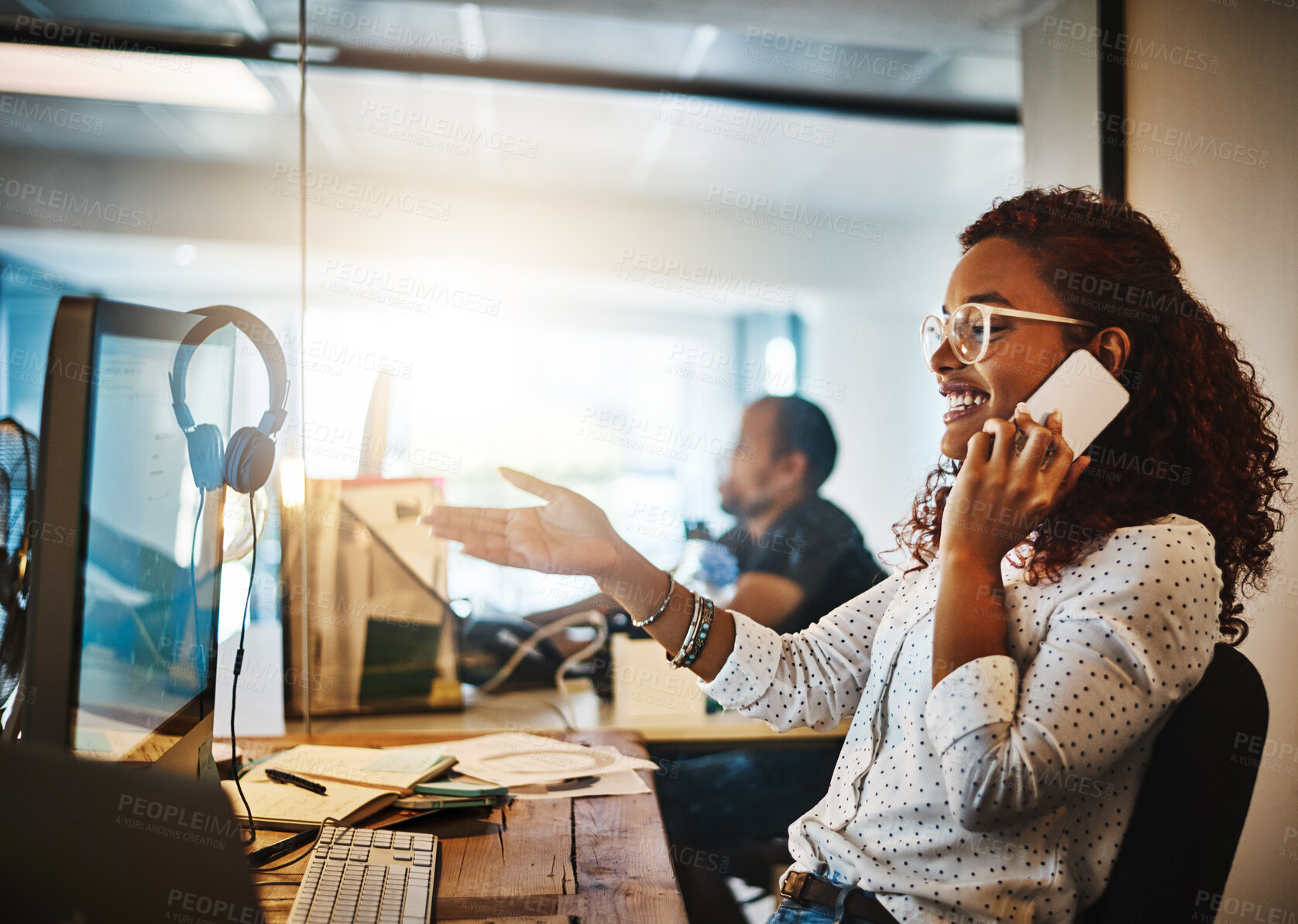Buy stock photo Night, smile and woman in office, phone call and conversation with connection. Business people, employees and consultant at desk, smartphone and mobile app for communication, happiness and discussion