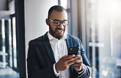 Buy stock photo App, corporate and phone with business man in office for communication, social media or text message. Contact, glasses and smile of professional employee person walking in workplace for start of job