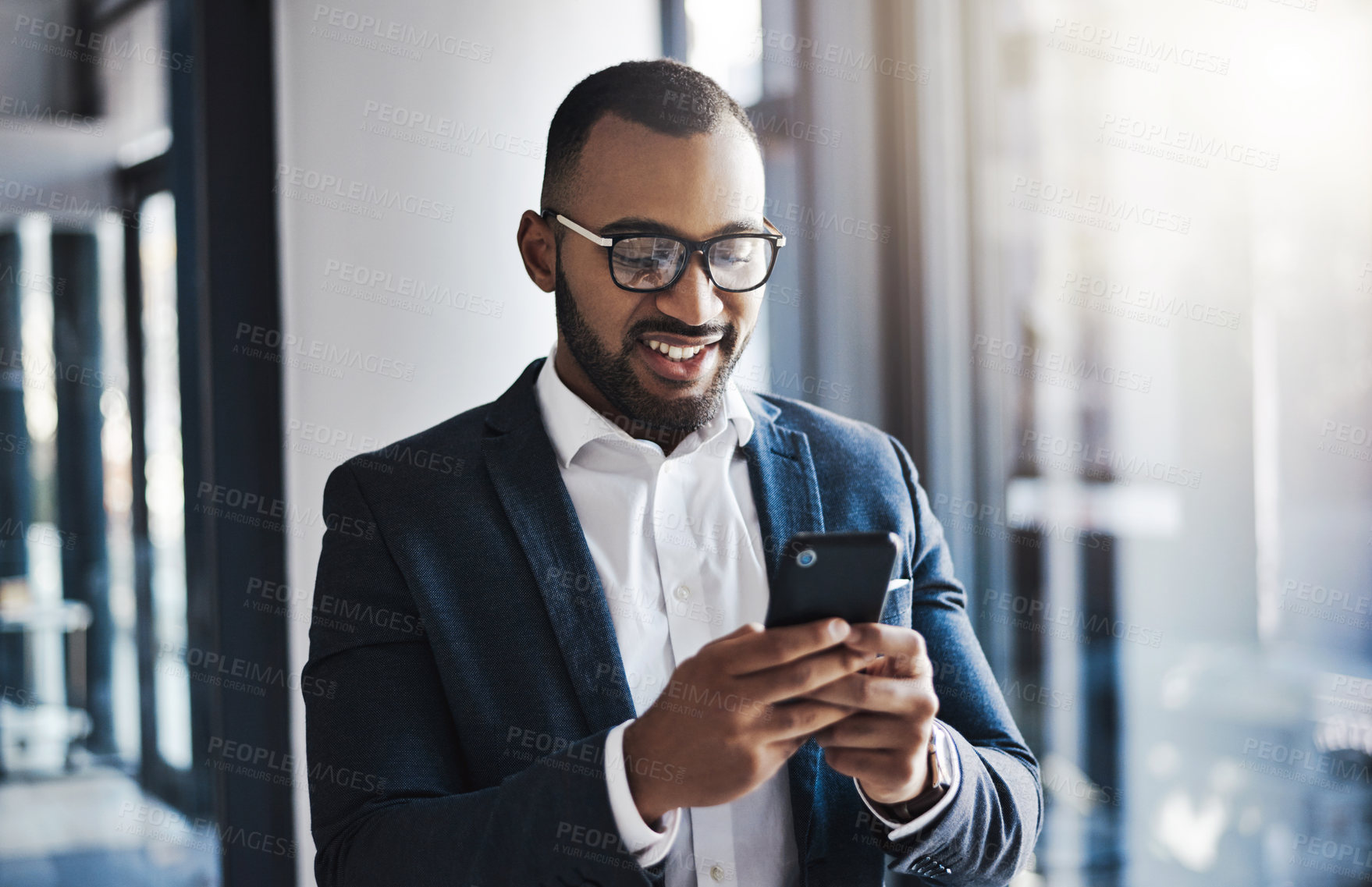 Buy stock photo App, corporate and phone with business man in office for communication, social media or text message. Contact, glasses and smile of professional employee person walking in workplace for start of job