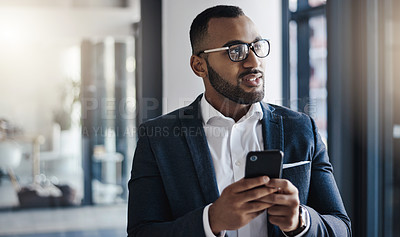 Buy stock photo Mobile, thinking and business man in office for investment idea, opportunity and corporate mindset. African worker, vision and planning with phone for email inspiration, financial decision and view