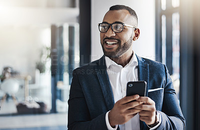 Mobile, thinking and happy business man in office for investment idea, opportunity and corporate mindset. African worker, vision and planning with phone for inspiration, financial decision or insight