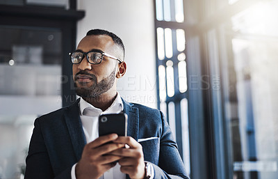 Buy stock photo Mobile, thinking and business man with idea in office for investment, opportunity and corporate mindset. African worker, vision and planning with phone for inspiration, financial decision or insight