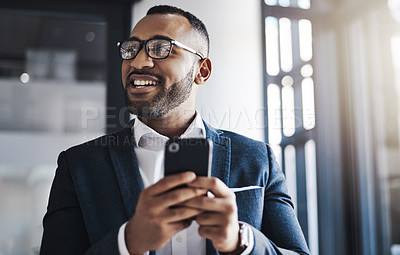 Buy stock photo Mobile, vision and happy business man in office for investment idea, opportunity and corporate mindset. African worker, thinking and planning with phone for inspiration, financial decision or insight