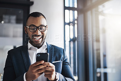 Buy stock photo Phone, office and business man laugh at investment meme, funny joke and email message. African person, mobile and corporate communication on app for networking, comedy and reading financial news