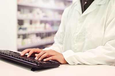 Buy stock photo Pharmacy, typing and medicine with hands and computer for healthcare, clinic and pills. Medical, insurance and antibiotic prescription with person for digital inventory, drugstore or dispensary