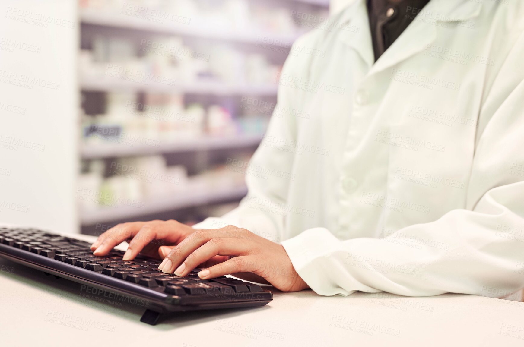 Buy stock photo Pharmacy, typing and medicine with hands and computer for healthcare, clinic and pills. Medical, insurance and antibiotic prescription with person for digital inventory, drugstore or dispensary