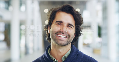 Buy stock photo Laughing, employee and man in office, confident and happy with feedback for project and career growth. Business, portrait and funny joke for tv producer in media agency, creative and promotion in USA