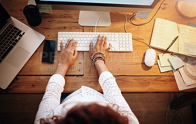 Buy stock photo Above, business and woman with pc, hands and typing with deadline, internet and connection. Computer, person and evening with journalist, researcher for article and report for story and keyboard