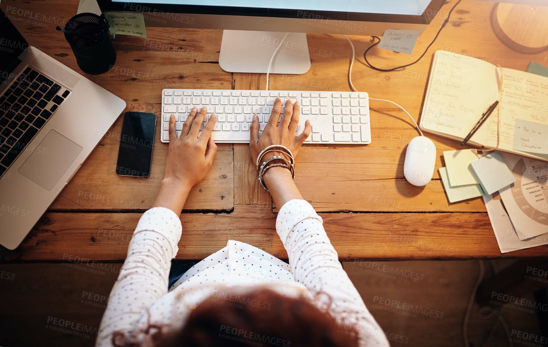 Buy stock photo Above, business and woman with pc, hands and typing with deadline, internet and connection. Computer, person and evening with journalist, researcher for article and report for story and keyboard