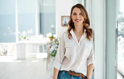 Buy stock photo Business, woman and portrait with smile in office or ideas, planning and pride of corporate work experience as lawyer. Happy, female attorney and law firm goals with empowerment for future justice 