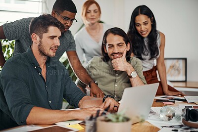 Buy stock photo Boardroom, meeting and reading to group, laptop and UI designer in agency, online and brief in email. Communication, diversity and people with tech, brainstorming and listen to strategy in New York