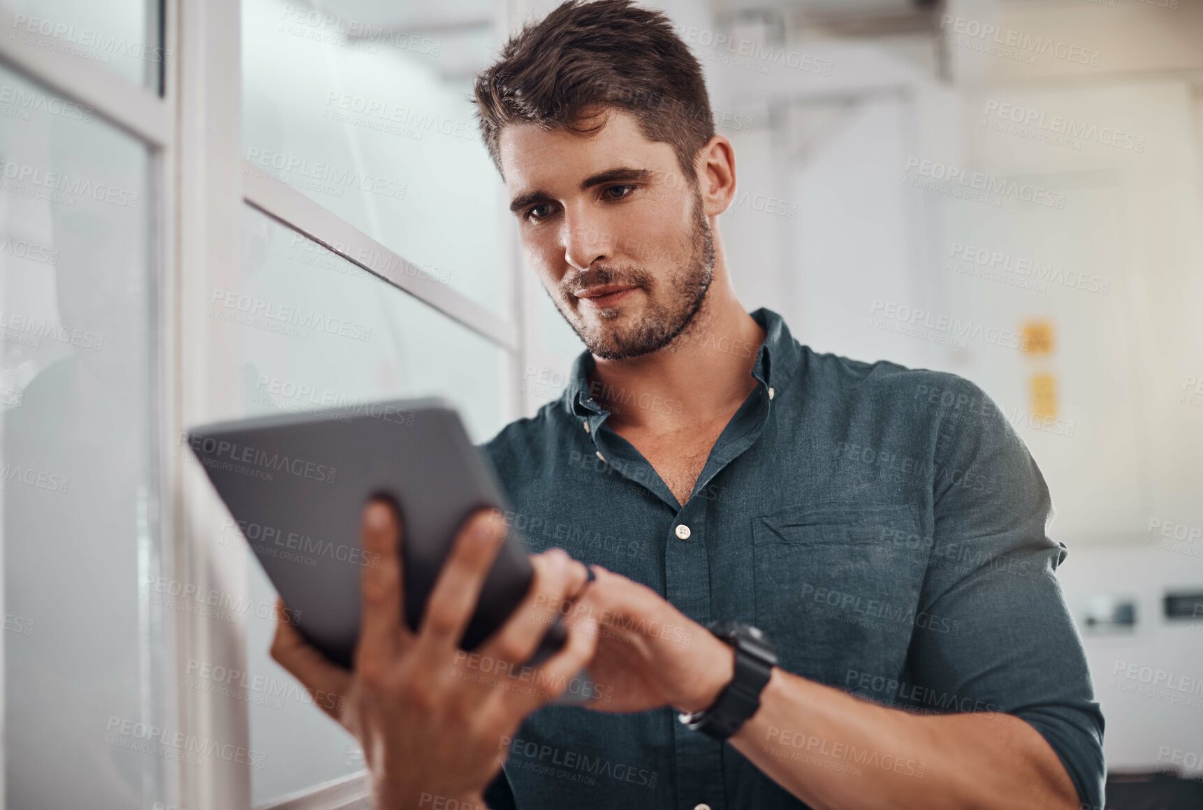 Buy stock photo Tablet, business man and research online for information, news or networking in startup office. Digital technology, planning and scroll on website for project, report or creative editor reading email