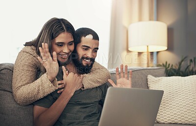 Buy stock photo Video call, happy and couple on laptop in home for conversation, online chat and communication. Dating, relationship and \man and woman on computer wave for social networking, contact and talking