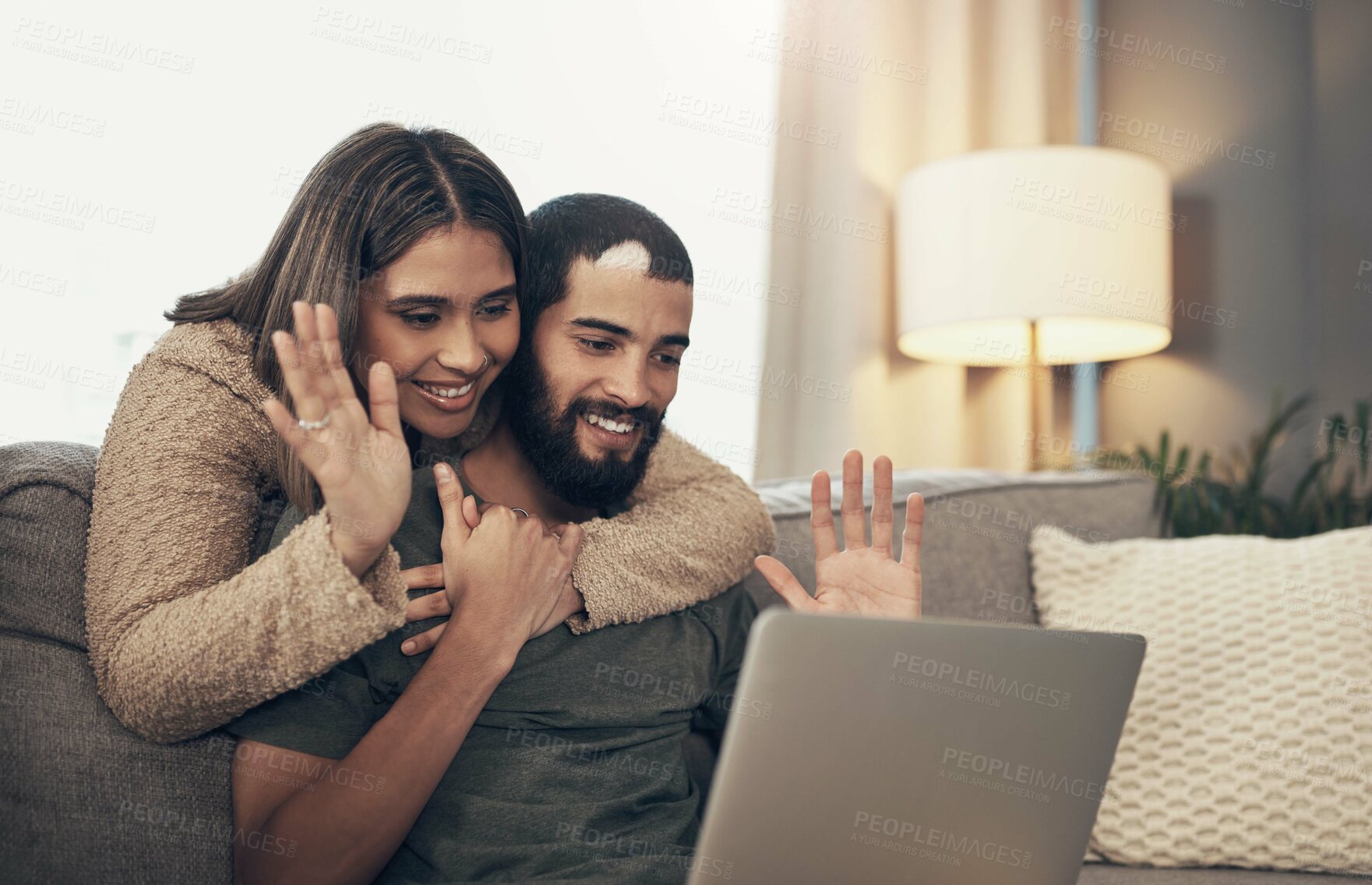 Buy stock photo Video call, happy and couple on laptop in home for conversation, online chat and communication. Dating, relationship and \man and woman on computer wave for social networking, contact and talking