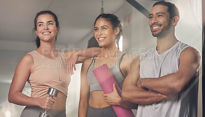 Buy stock photo Smile, fitness and group of friends at gym for health, wellness or bodybuilder think with exercise mat. Confidence, team and people at club for sport, dumbbell training or arms crossed for motivation